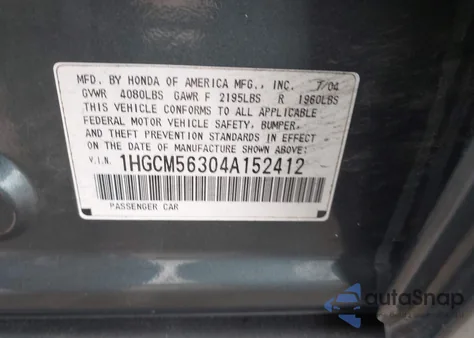 2004 Honda Accord 2.4 Lx из США, поврежденный, VIN 1HGCM56304A152412